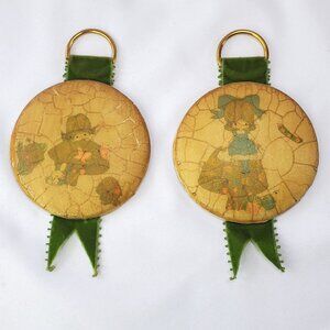 VTG MCM Wall Hanging Little Girl with Mushrooms Green Velvet Porcelain Crackle